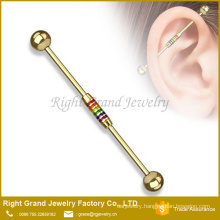 Titanium Plated Rainbow Striped Enamel Pattern Surgical Steel Industrial Barbell